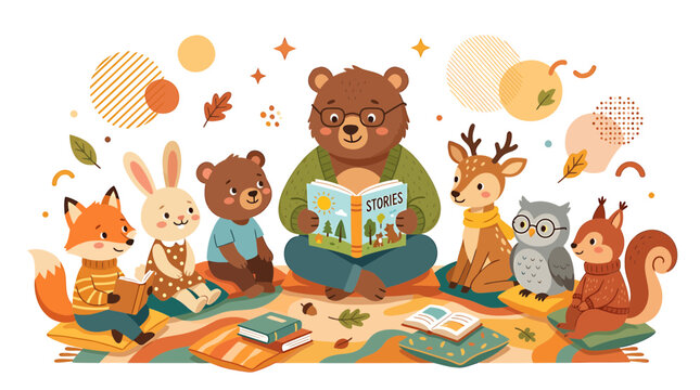 Cute Animals Listening to Story Read by Bear in Cozy Autumn Forest Setting