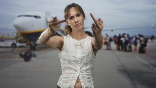 Young woman flipping middle fingers on airport tarmac near passenger jet and boarding queue; defiance protest travel.