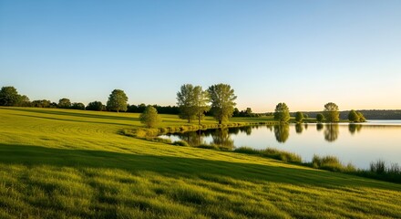 Naklejka premium early morning on the golf course pond geese sunny fog