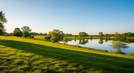 Naklejka premium early morning on the golf course pond geese sunny fog