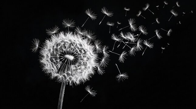 High contrast monochrome image of a blooming dandelion completely releasing seeds successfully represents the viral dissemination of ideas.