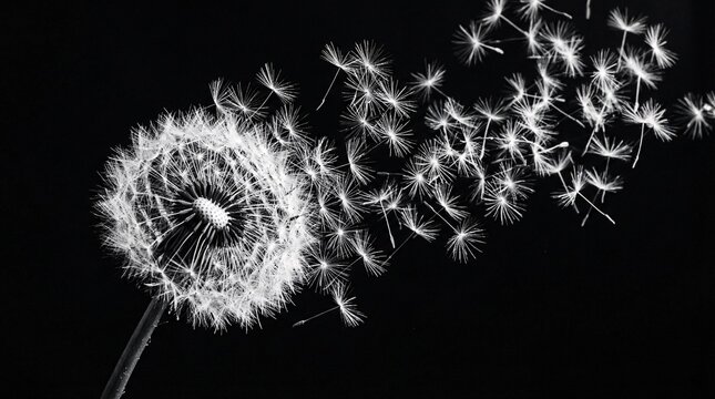 High contrast monochrome image of a blooming dandelion completely releasing seeds successfully represents the viral dissemination of ideas.