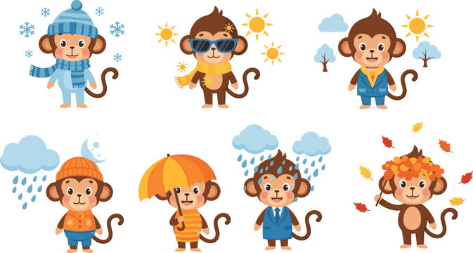 Cute Monkey Cartoon Character Set Showing Different Seasons and Weather Conditions with Winter Summer Rain Autumn Styles for Kids Illustration Vector Collection