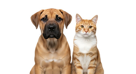 Obraz premium a tan mastiff puppy and an orange tabby cat sit side by side looking at the camera symbolizing pet companionship and friendship.