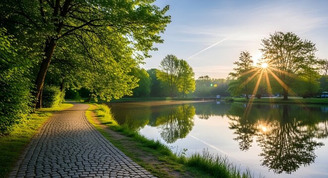 Beautiful colorful summer spring natural landscape with a lake in Park surrounded by green foliage of trees in sunlight and stone path in foreground.