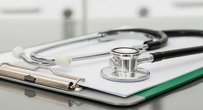 Classic silver and black stethoscope resting on open green medical folder