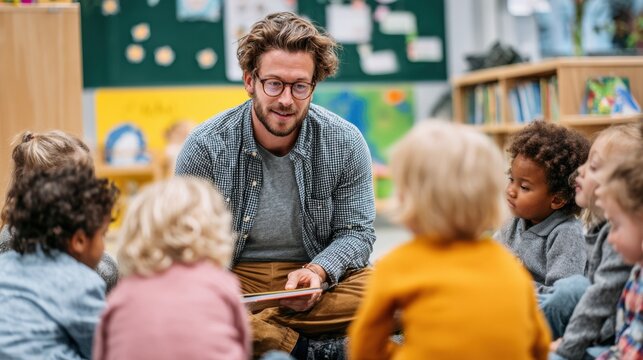 Childcare Worker Reads to Toddlers in Colorful Daycare Setting With Engaged Children in Late Afternoon Session