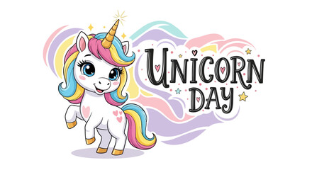 A cute cartoon unicorn with a rainbow mane celebrates National Unicorn Day in a fantasy world with a magical concept and kawaii design elements. © Mukhamad