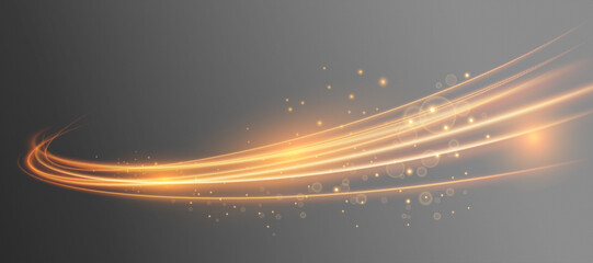 Golden light trail with glowing particles, abstract magic fire swirl on dark background, shimmering gold motion lines for cinematic overlay © Angel