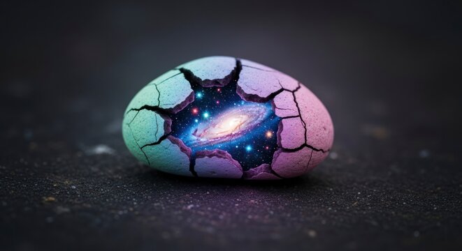 Cosmic egg cracked stone reveals a galaxy in a dark mysterious environment