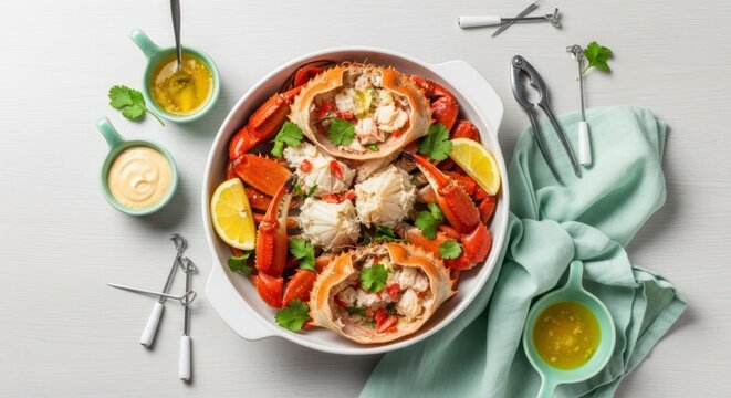 Delicious seafood platter with crab claws and lemon slices overhead view