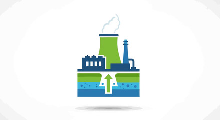 Obraz premium Detailed vector illustration of an industrial complex featuring a factory, cooling towers, and a smokestack, symbolizing resource management and environmental impact with underground flow systems