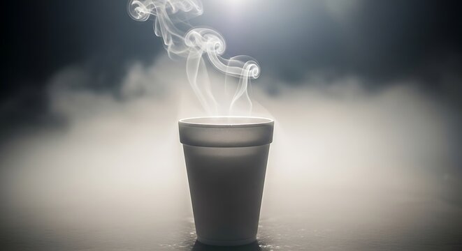 A solitary cup emitting wispy steam against a misty backdrop. styrofoam coffee cup