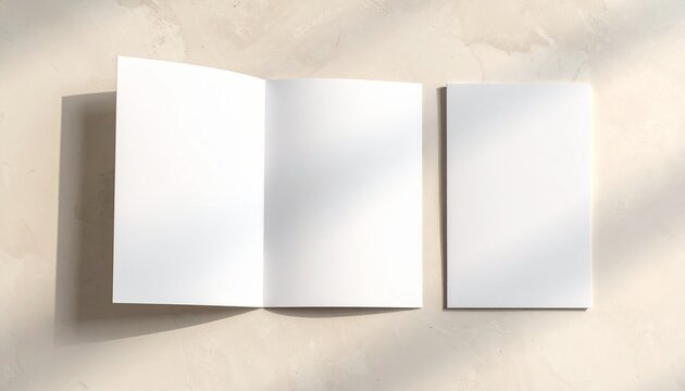 Versatile mockup featuring a blank open bi-fold brochure alongside a closed booklet, set on a subtle textured background with natural shadows, ideal for elegant design presentations