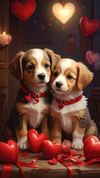 Two adorable puppies surrounded by hearts and ribbons
