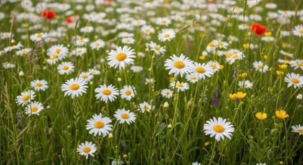 Fototapeta premium Blooming daisy field with white wildflowers, vibrant summer meadow with oxeye daisies and red poppies, natural floral background for spring