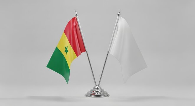 Senegal national flag and blank white flag on silver desk stand, diplomatic partnership concept, miniature table flags for international relations