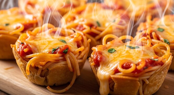Delicious cheese and vegetable stuffed pizzas on display in a bakery or restaurant. baked spaghetti cup