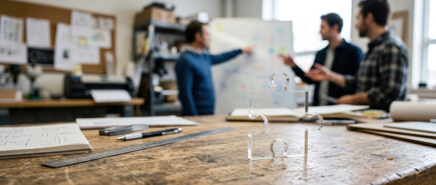 Clear puzzle piece workshop table e commerce small business entrepreneurs planning strategy