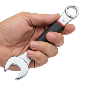A hand holding a spanner wrench with a black handle