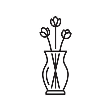 Minimalist glass vase with three tulip flower stems line icon. Modern floral home decor outline vector illustration.