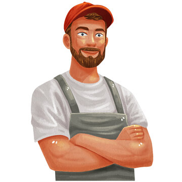 a handsome man in an apron and baseball cap