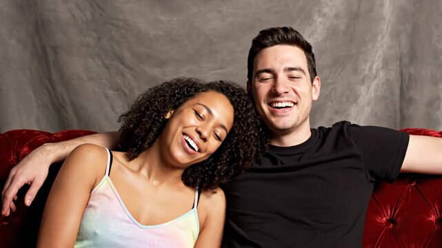 A man and a woman sitting on a red couch smiling at each other affectionately
