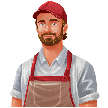 a handsome man in an apron and baseball cap