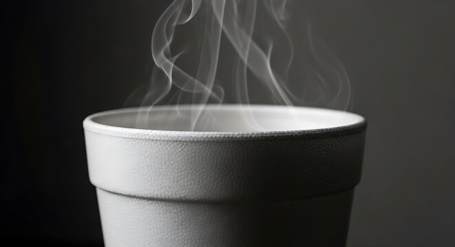 Steaming cup of hot beverage in a foam container against a dark background. styrofoam coffee cup