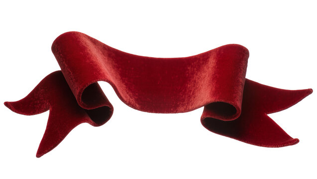 Luxurious red velvet ribbon banner, elegantly flowing and curled, isolated PNG on transparent background for festive designs and announcements