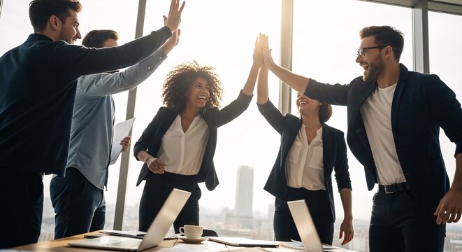 Diverse and enthusiastic business team celebrating a successful project milestone with high fives, showcasing teamwork and collaborative achievement in a modern office setting