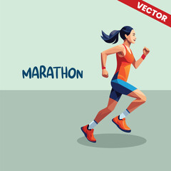 Obraz premium Female Runner Marathon Athlete Jogging In Sportswear Vector. Woman Running Fast For Fitness And Healthy Lifestyle Concept Illustration. Athletic Training Flat Geometric Character Art.