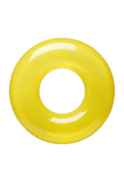 perfectly inflated, translucent canary yellow donut-shaped swim ring with glossy pvc texture, isolated on stark white background with copy space. concept of summer vacation and clean design