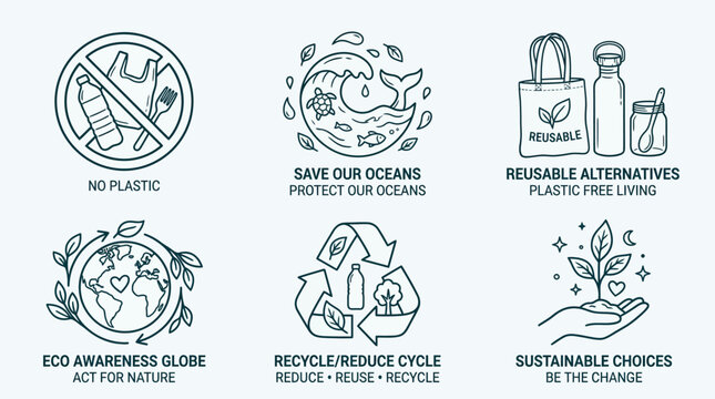 Eco-friendly line art icon set for environmental protection and sustainable living. Promoting zero waste, ocean conservation, and responsible recycling practices