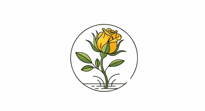 A yellow rose with green leaves, presented in a circular outline