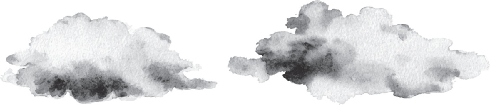 Two hand painted watercolor clouds in shades of grey on white background