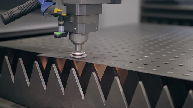 Close-up view of a high-precision industrial laser cutting machine actively processing a metal sheet with visible sparks during operation.
