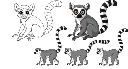 Lemur Character and Illustration Set with Ring Tailed Lemur Cartoon Realistic and Outline Variations for Wildlife Animal Vector Design Collection © EdGe Creative