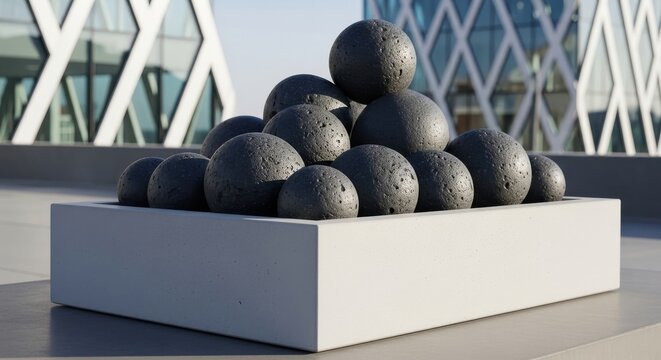 A collection of smooth dark grey basalt stones artfully arranged in a modern architectural setting