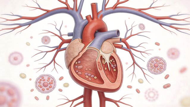 Human heart anatomy and blood vessels