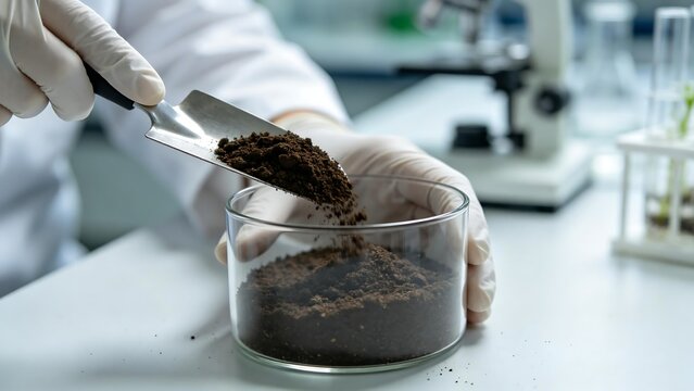 Scientist handling soil sample in lab