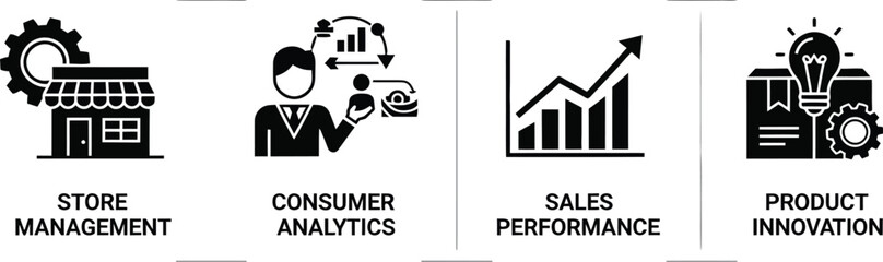 Obraz premium Business Strategy Icons: A series of clean, modern icons represent key aspects of business strategy, including store management, consumer analytics, sales performance, and product innovation.