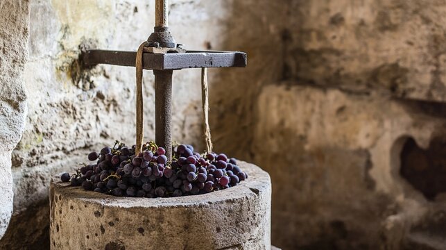 winepress. Ancient stone wine press with deep purple grape residue, textured surface in soft window light. bar promotions, beverage menus, designed for food & beverage menus and cafe branding.