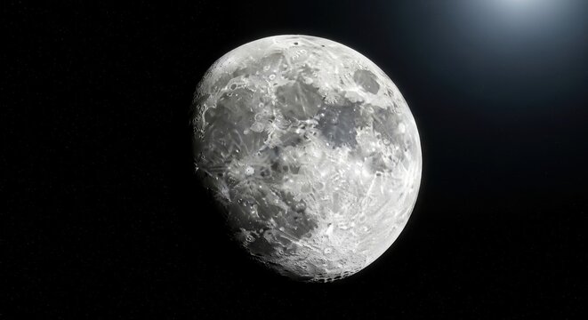 Detailed view of the full moon showing its craters and plains against the dark expanse of space