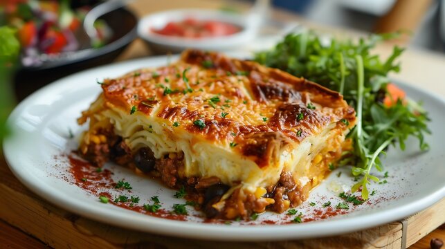 A rich slice of baked moussaka casserole sits on a white plate next to fresh green arugula salad.