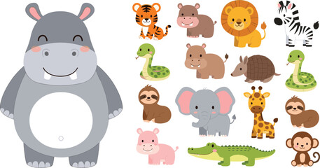 Naklejka premium Cute Zoo Animal Character Set with Hippo Tiger Lion Elephant Giraffe Monkey Snake and Cartoon Wildlife Collection for Kids Vector Illustration