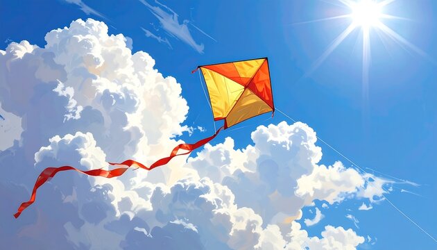 Vibrant kite soaring in clear blue sky with fluffy white clouds