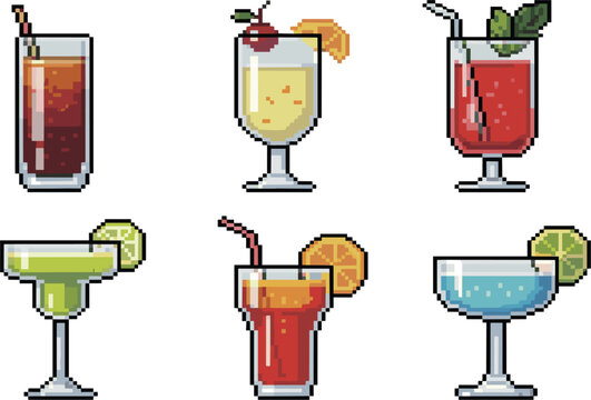 Pixel art cocktail drinks vector illustration, colorful beverages with fruits glasses in retro 8bit style collection