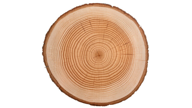 Detailed cross-section of a natural tree trunk revealing annual growth rings and textured bark, isolated PNG on transparent background, for design