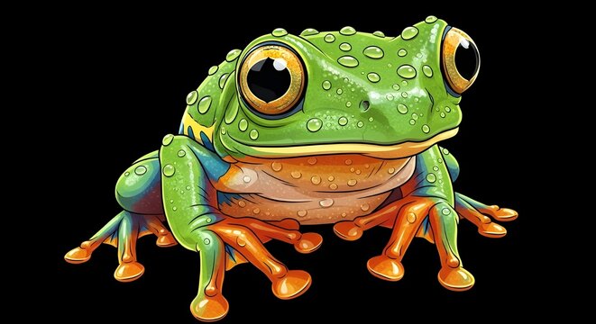 Macro Detail Tree Frog with Realistic Water Droplets and Neon Skin on Black Background